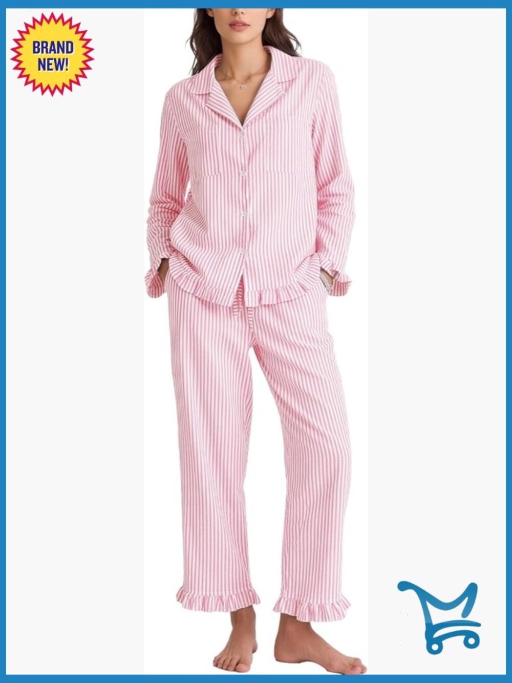 Women's 2-Piece Cotton Pajama Sets Button Down Top Straight Leg Pants with